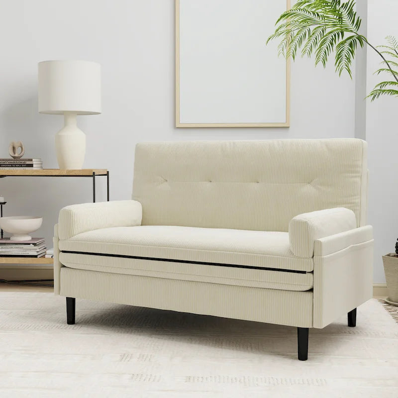 Divanetto multiuso in velluto a coste color avorio 55.11, sedia a sdraio convertibile, letto