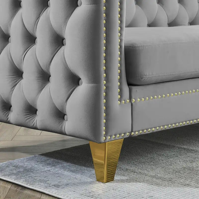 Gray 80.5 Velvet Tufted 3-Seater Sofa with Nailhead Decoration