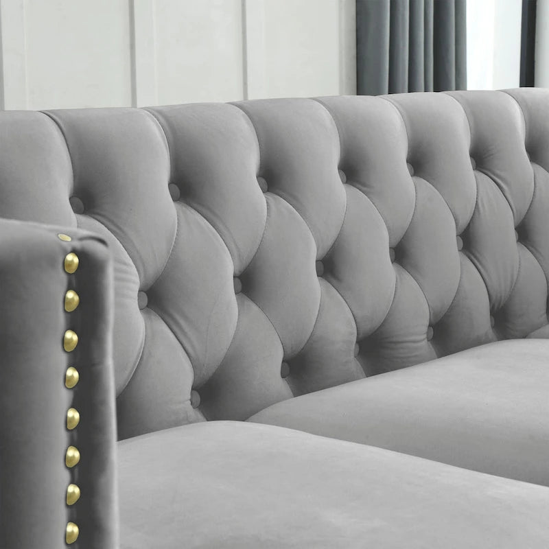 Gray 80.5 Velvet Tufted 3-Seater Sofa with Nailhead Decoration