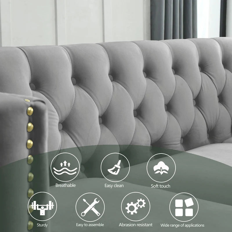 Gray 80.5 Velvet Tufted 3-Seater Sofa with Nailhead Decoration