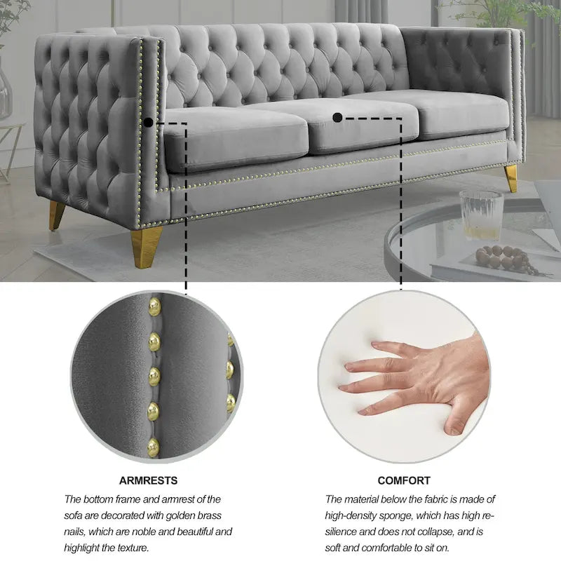 Gray 80.5 Velvet Tufted 3-Seater Sofa with Nailhead Decoration