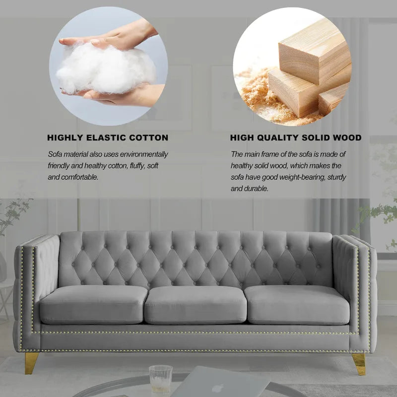 Gray 80.5 Velvet Tufted 3-Seater Sofa with Nailhead Decoration