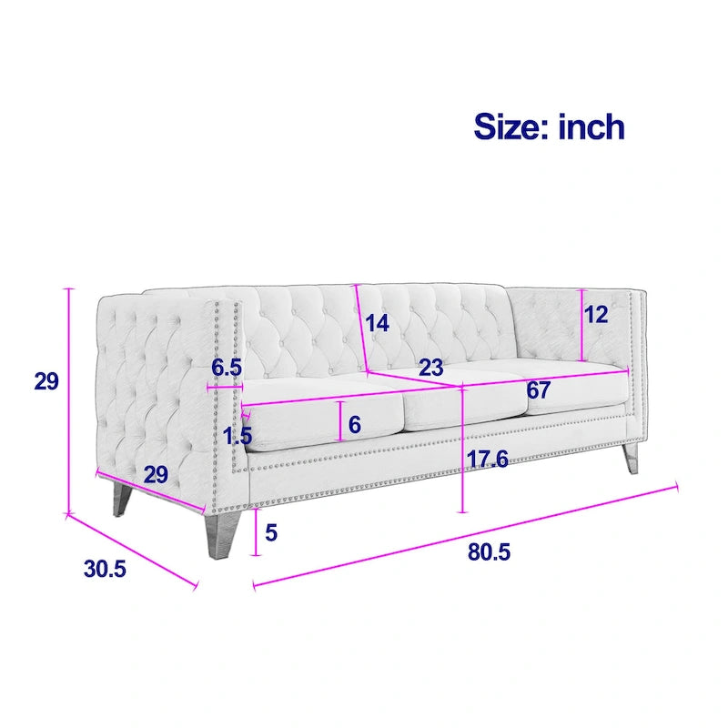 Gray 80.5 Velvet Tufted 3-Seater Sofa with Nailhead Decoration