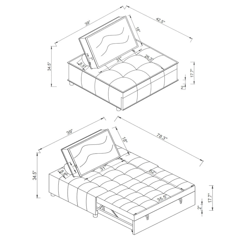 39 Faux Leather Single Ottoman Pull-Out Sofa Bed with Adjustable Backrest