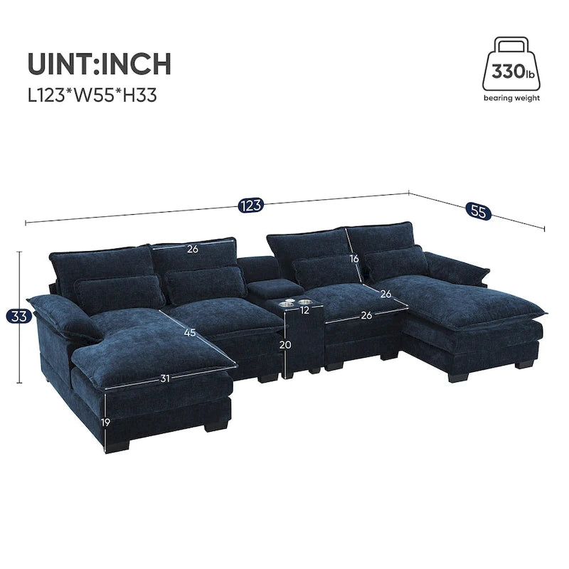 Divano a U moderno 123*55 con console, portabicchieri e porte USB, imbottito, set divano letto con chaise longue