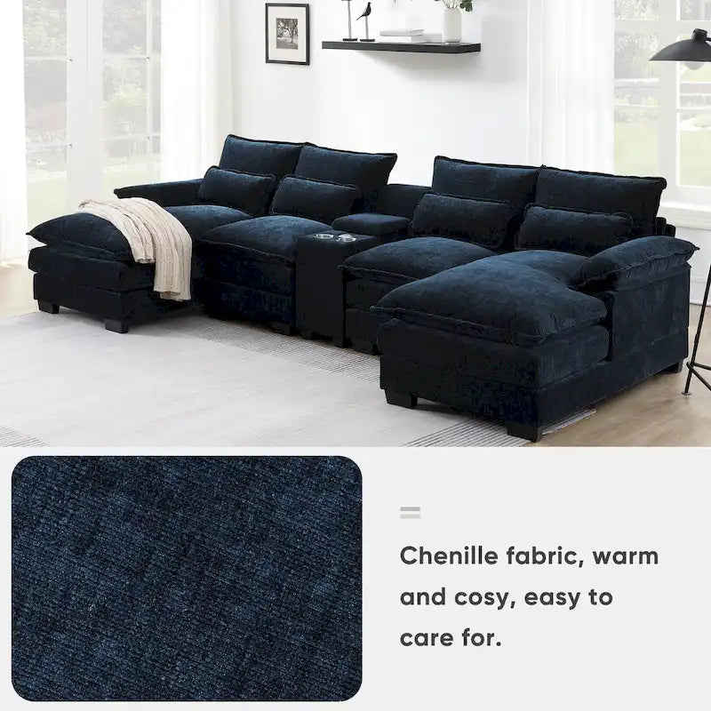 Divano a U moderno 123*55 con console, portabicchieri e porte USB, imbottito, set divano letto con chaise longue