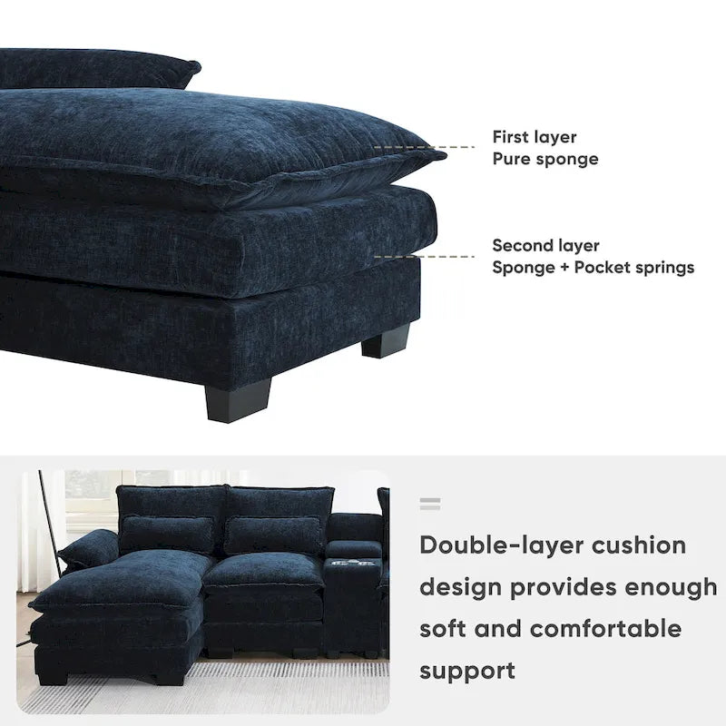 Divano a U moderno 123*55 con console, portabicchieri e porte USB, imbottito, set divano letto con chaise longue