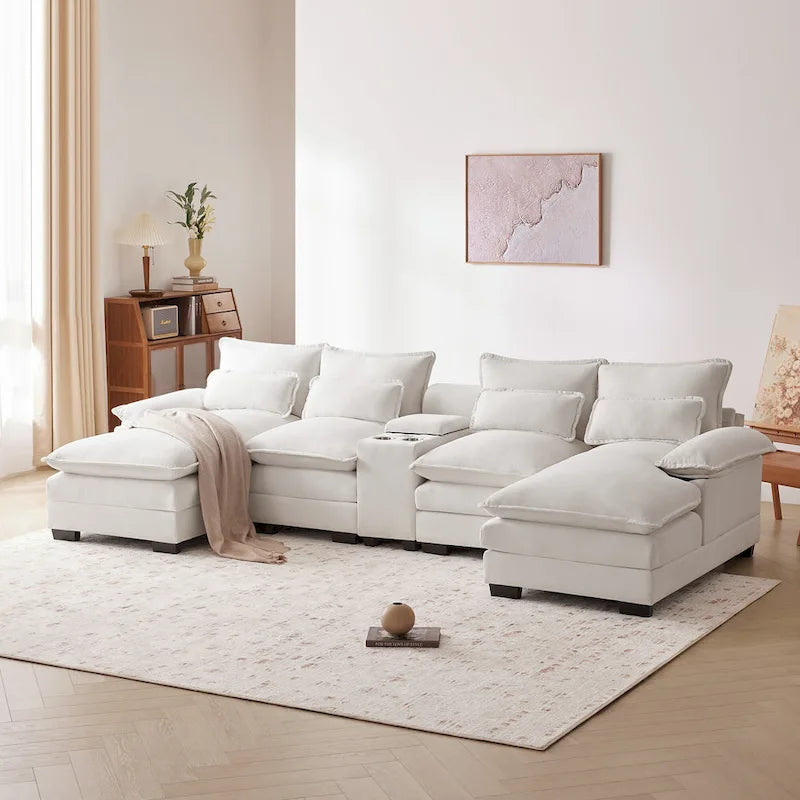 Divano a U moderno 123*55 con console, portabicchieri e porte USB, imbottito, set divano letto con chaise longue