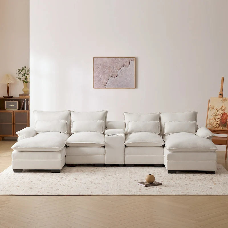 Divano a U moderno 123*55 con console, portabicchieri e porte USB, imbottito, set divano letto con chaise longue
