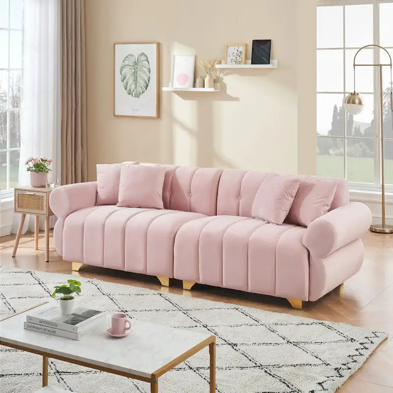 Divano a 3 posti in velluto rosa 89 con cuscini a molle insacchettate