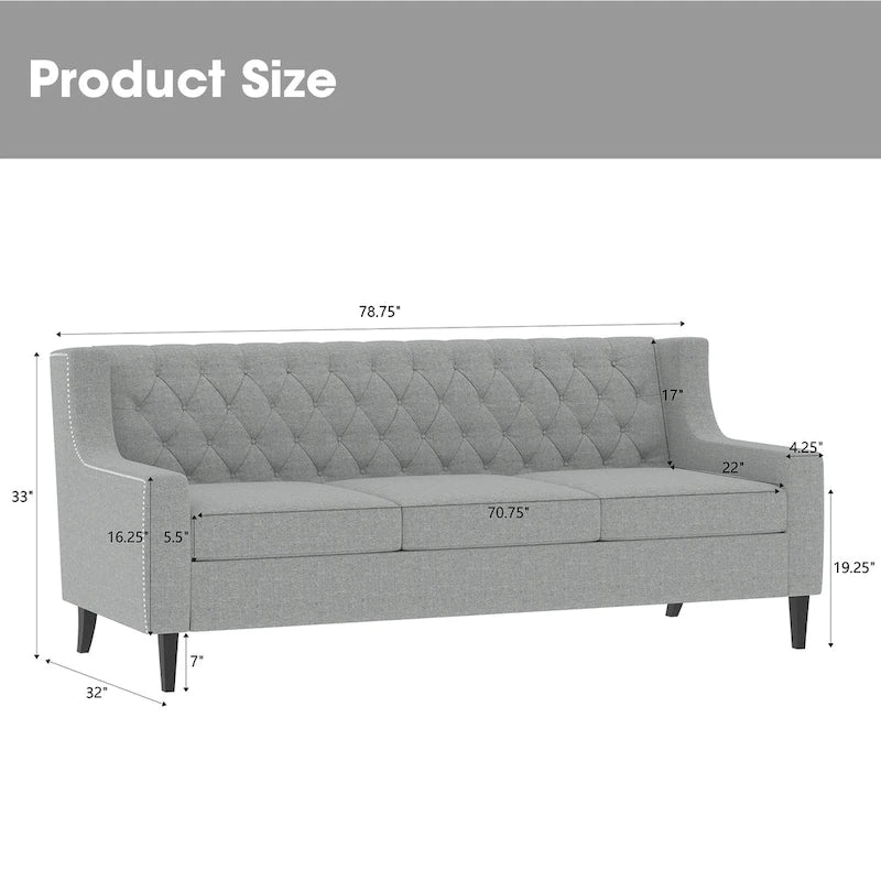 Divano a 3 posti grigio in poliestere 78,75 con schienale e cuscini trapuntati