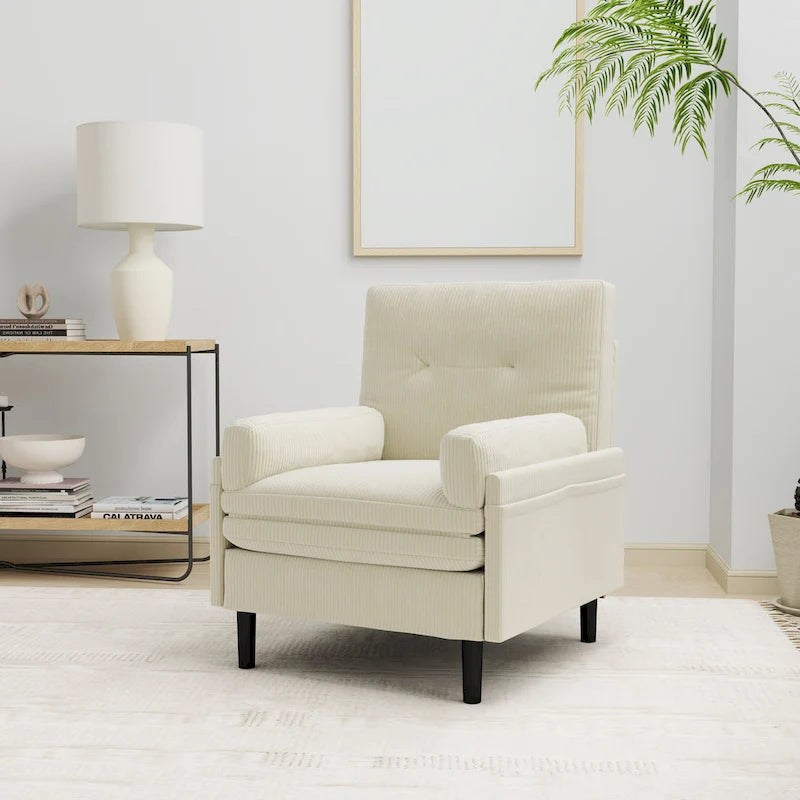 Divano singolo multifunzione in velluto a coste color avorio 30.32, poltrona lounge convertibile, letto