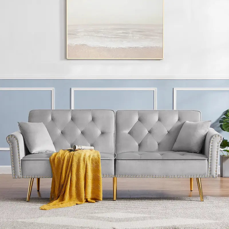 Velvet Tufted Sofa Couch with 2 Pillows and Nailhead Trim
