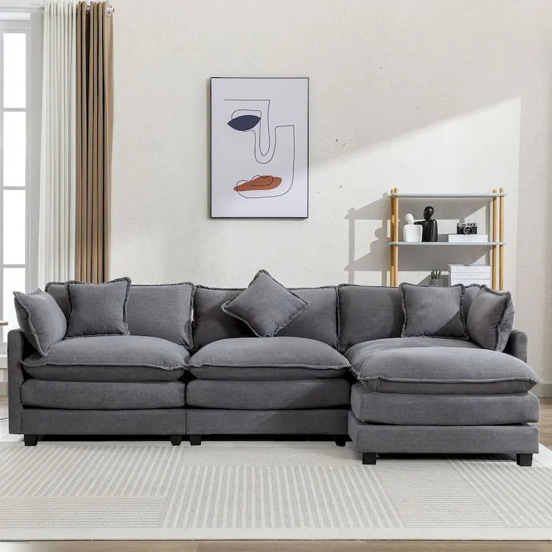 112 modernes L-förmiges gepolstertes Chenille-Sofa mit 5 Kissen