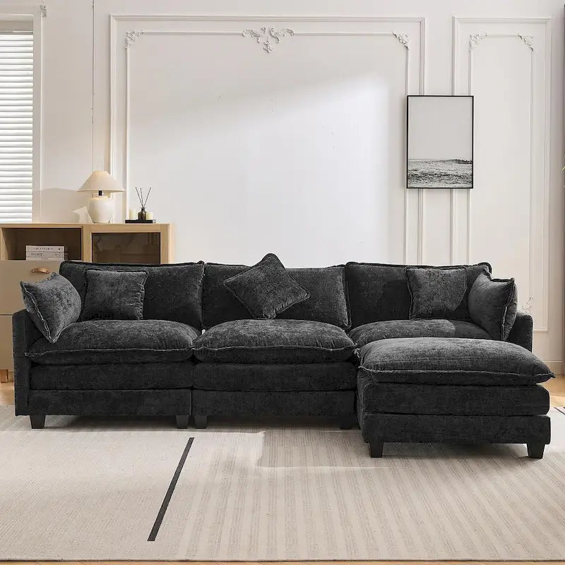 112 modernes L-förmiges gepolstertes Chenille-Sofa mit 5 Kissen