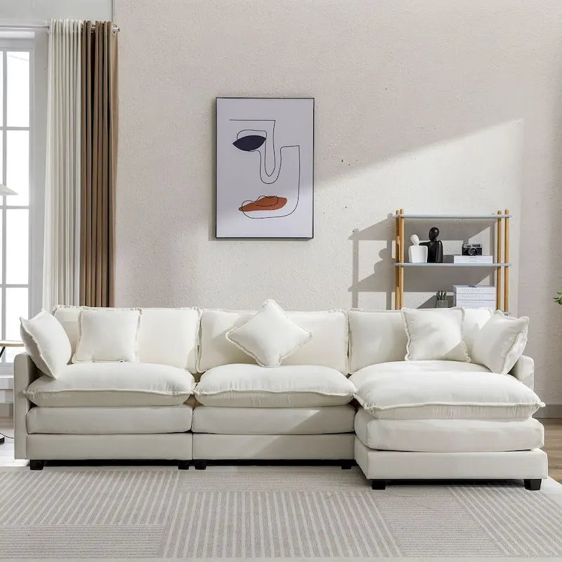 112 modernes L-förmiges gepolstertes Chenille-Sofa mit 5 Kissen