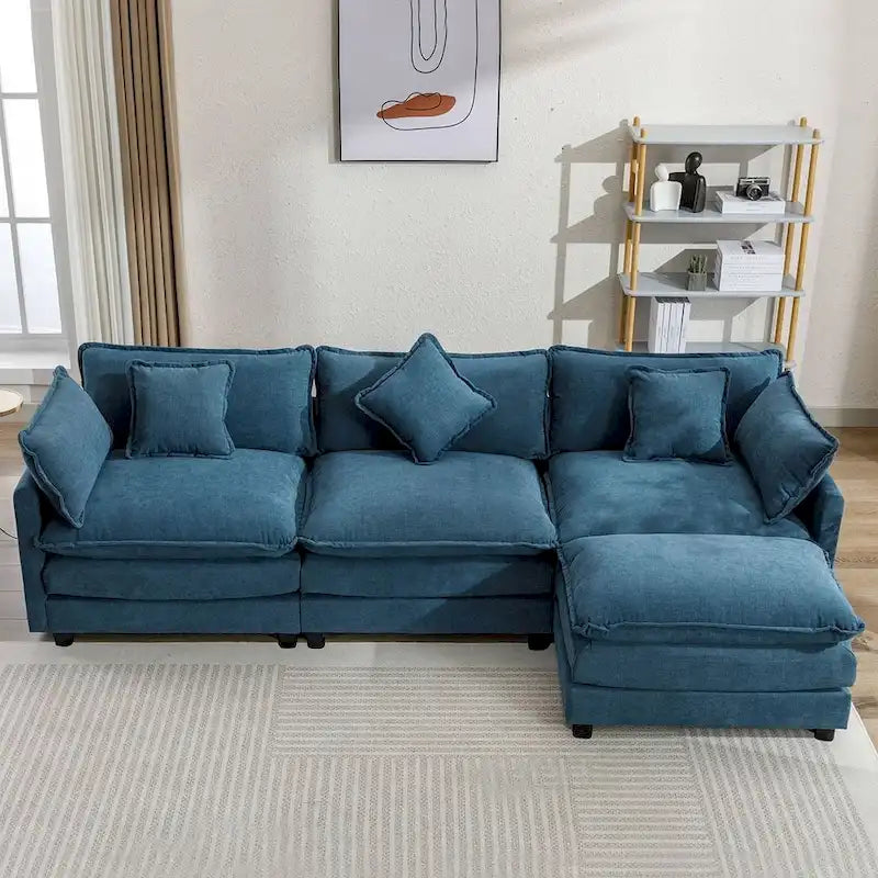 112 Modern L-Shape Chenille Upholstered Sofa with 5 Pillows