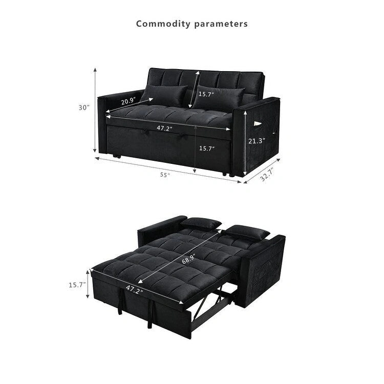 Modern Velvet Loveseat Futon Sofa Couch Pullout Bed, Small Love Seat Lounge Sofa w/Reclining Backrest, Toss Pillows, Pockets