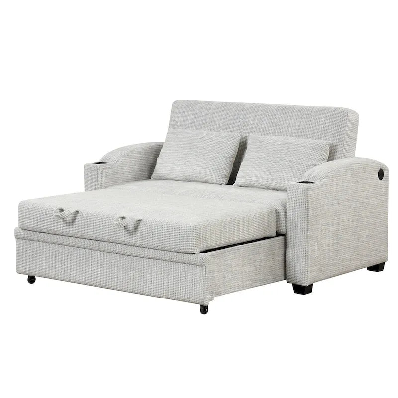 Chenille Convertible Loveseat Sofa Bed with Adjustable Backrest, USB Ports, and Cup Holders