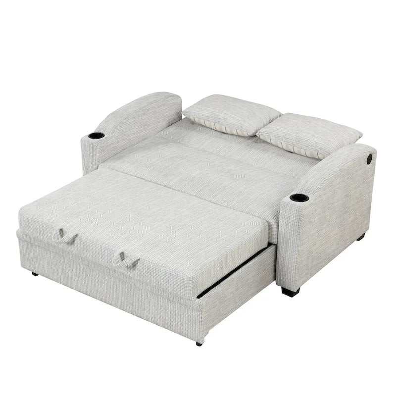 Chenille Convertible Loveseat Sofa Bed with Adjustable Backrest, USB Ports, and Cup Holders