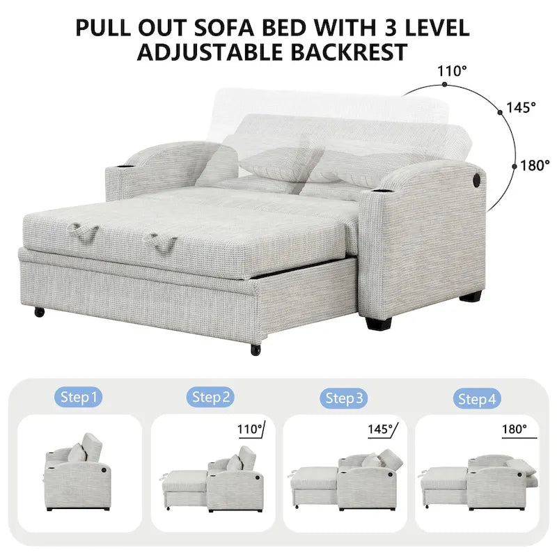 Chenille Convertible Loveseat Sofa Bed with Adjustable Backrest, USB Ports, and Cup Holders