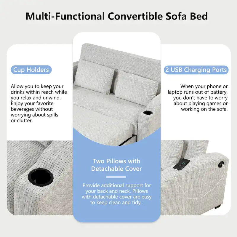 Chenille Convertible Loveseat Sofa Bed with Adjustable Backrest, USB Ports, and Cup Holders