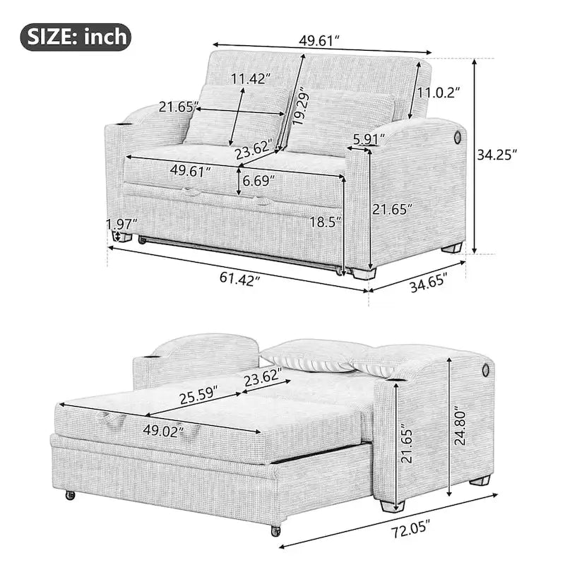 Chenille Convertible Loveseat Sofa Bed with Adjustable Backrest, USB Ports, and Cup Holders