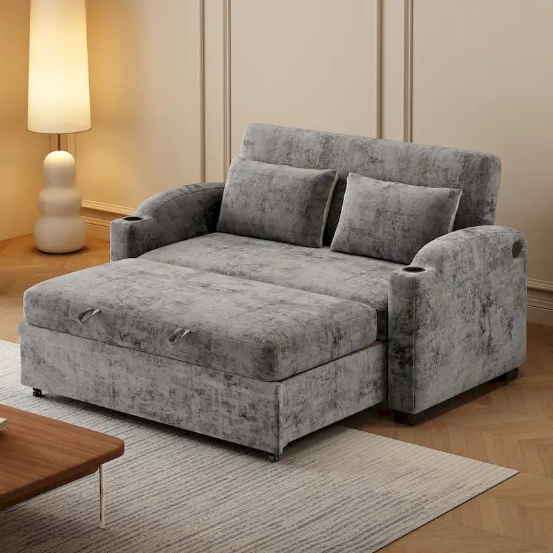 Chenille Convertible Loveseat Sofa Bed with Adjustable Backrest, USB Ports, and Cup Holders