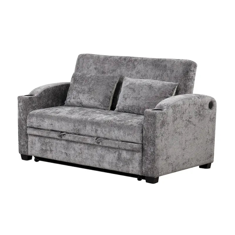 Chenille Convertible Loveseat Sofa Bed with Adjustable Backrest, USB Ports, and Cup Holders