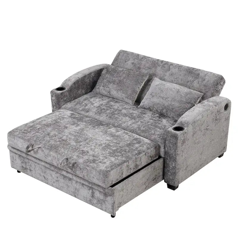 Chenille Convertible Loveseat Sofa Bed with Adjustable Backrest, USB Ports, and Cup Holders