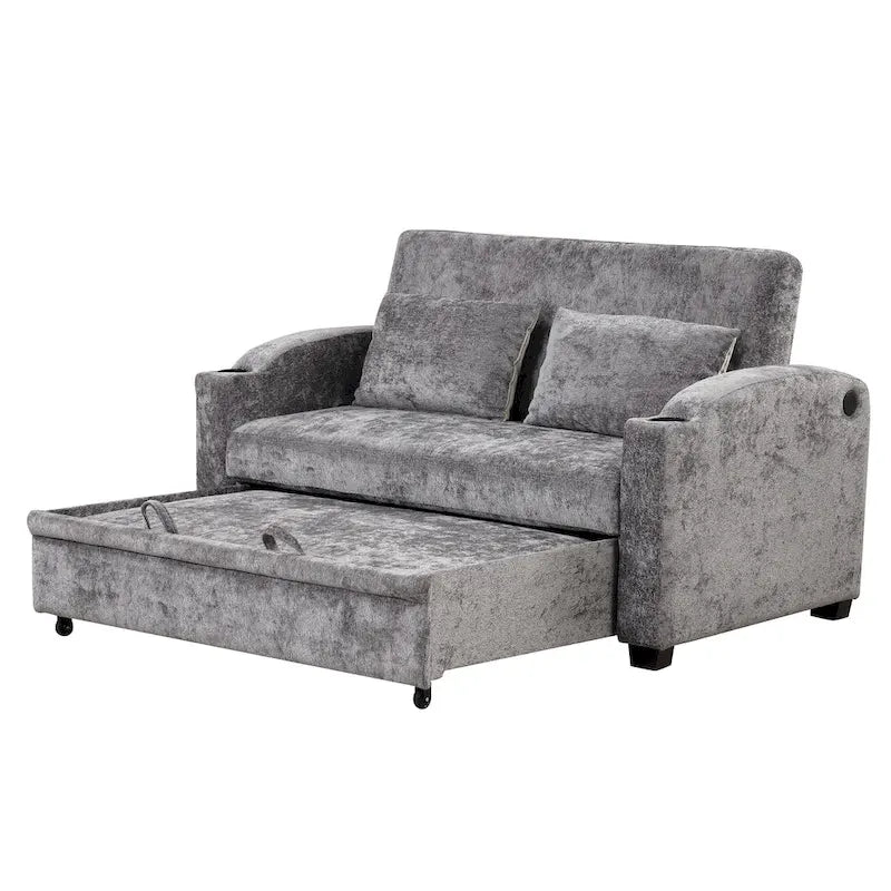 Chenille Convertible Loveseat Sofa Bed with Adjustable Backrest, USB Ports, and Cup Holders