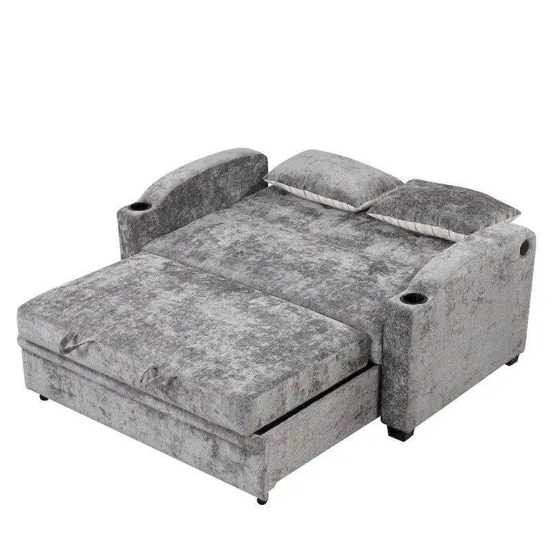 Chenille Convertible Loveseat Sofa Bed with Adjustable Backrest, USB Ports, and Cup Holders