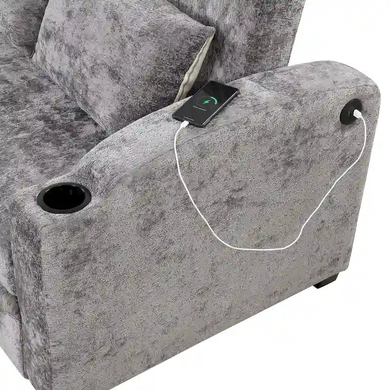 Chenille Convertible Loveseat Sofa Bed with Adjustable Backrest, USB Ports, and Cup Holders