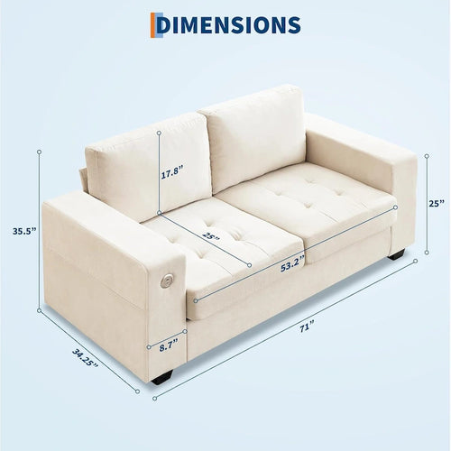 70 chenille loveseat met USB-opladen, moderne hoekbank met opbergvakken en afneembare hoes voor de woonkamer,
