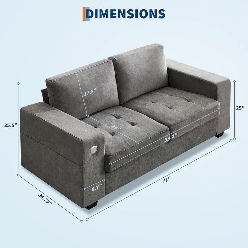 Divanetto a 2 posti in ciniglia da 70 cm con ricarica USB, componibile moderno con tasche portaoggetti e fodera rimovibile per soggiorno,