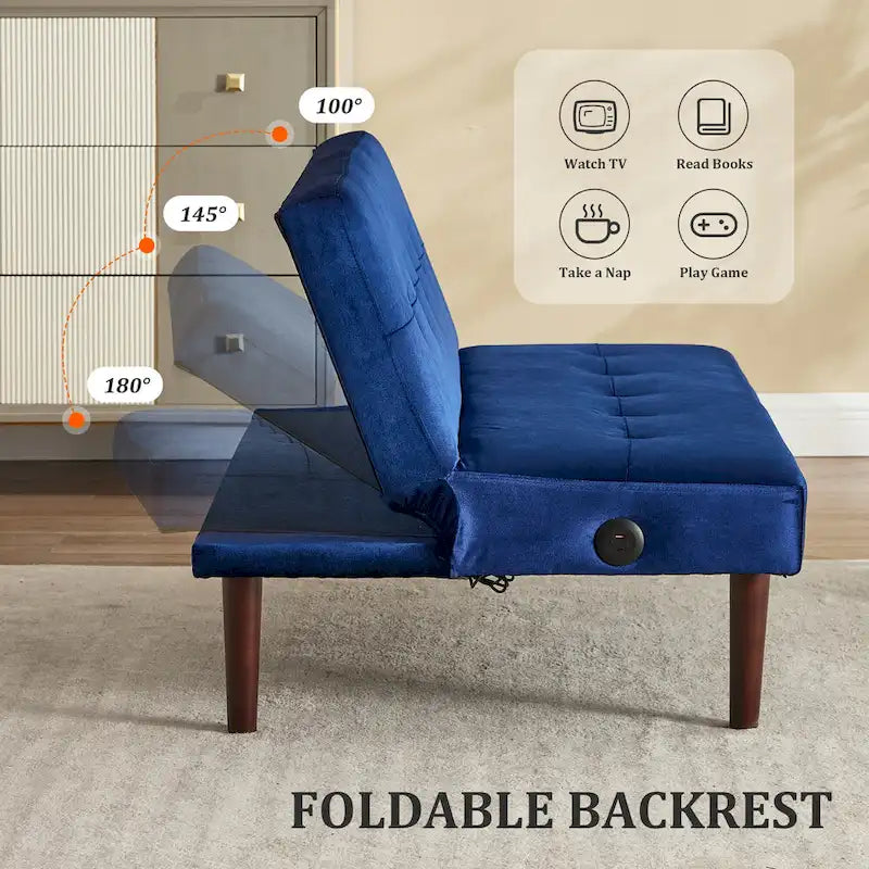 Mini Folding Futon Sofa Bed,45 Small Loveseat Couch with Adjustable Backrest & Charging Port, Modern Sleeper Recliner