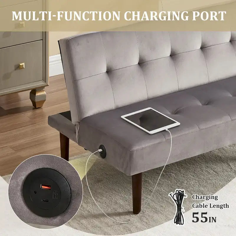 Mini Folding Futon Sofa Bed,45 Small Loveseat Couch with Adjustable Backrest & Charging Port, Modern Sleeper Recliner