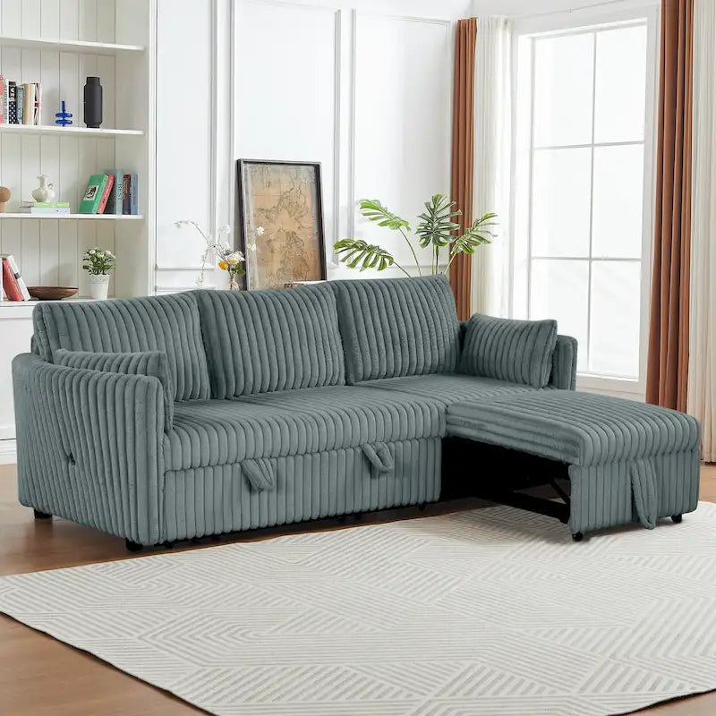 Divano letto angolare moderno in tessuto con USB e 2 cuscini