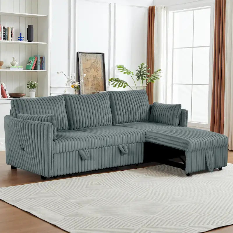 Divano letto angolare moderno in tessuto con USB e 2 cuscini