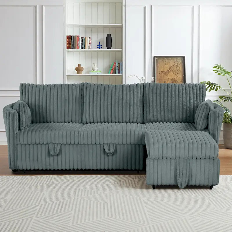 Divano letto angolare moderno in tessuto con USB e 2 cuscini