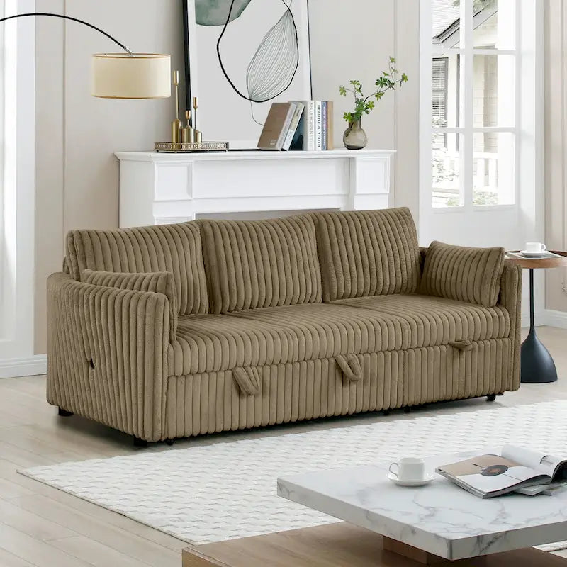 Divano letto angolare moderno in tessuto con USB e 2 cuscini