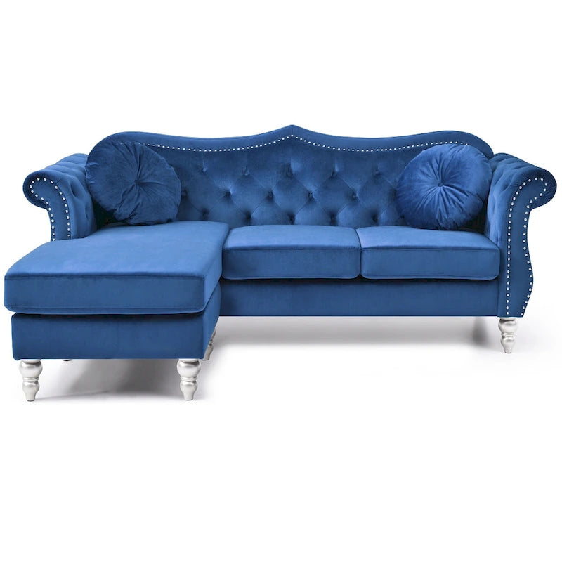 Divano componibile Chesterfield in velluto trapuntato con cuscini decorativi - 81 - Blu