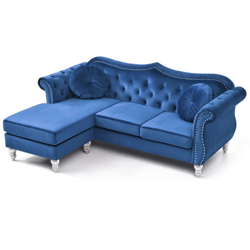 Divano componibile Chesterfield in velluto trapuntato con cuscini decorativi - 81 - Blu