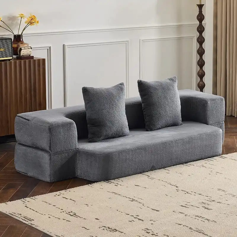 Divano Sezionale Trasformabile con 3 Sgabelli Pouf - Letto Pieghevole in Schiuma di Supporto, Chaise Longue Compatta in ciniglia