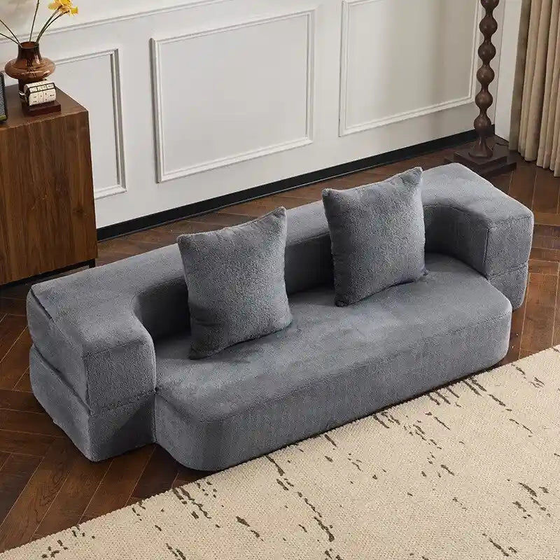 Divano Sezionale Trasformabile con 3 Sgabelli Pouf - Letto Pieghevole in Schiuma di Supporto, Chaise Longue Compatta in ciniglia