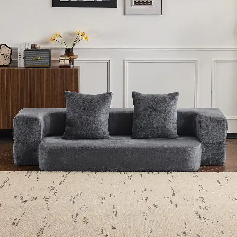 Divano Sezionale Trasformabile con 3 Sgabelli Pouf - Letto Pieghevole in Schiuma di Supporto, Chaise Longue Compatta in ciniglia