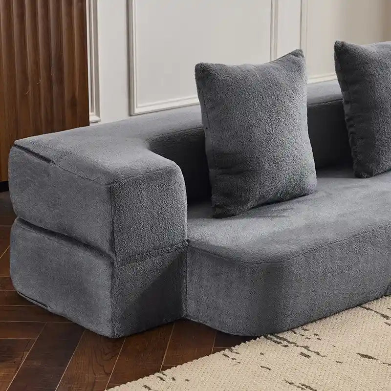 Divano Sezionale Trasformabile con 3 Sgabelli Pouf - Letto Pieghevole in Schiuma di Supporto, Chaise Longue Compatta in ciniglia