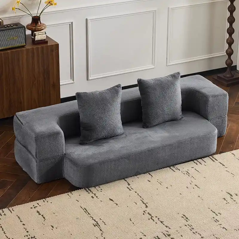 Divano Sezionale Trasformabile con 3 Sgabelli Pouf - Letto Pieghevole in Schiuma di Supporto, Chaise Longue Compatta in ciniglia