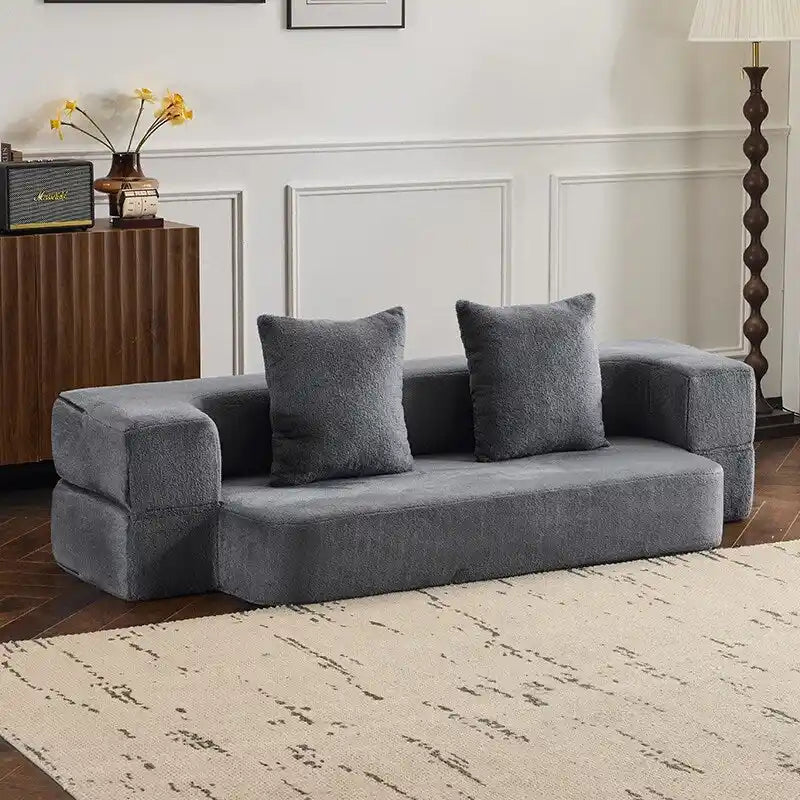 Divano Sezionale Trasformabile con 3 Sgabelli Pouf - Letto Pieghevole in Schiuma di Supporto, Chaise Longue Compatta in ciniglia