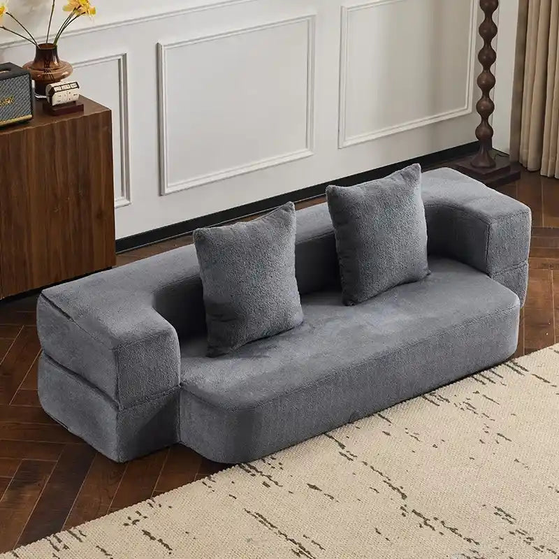 Divano Sezionale Trasformabile con 3 Sgabelli Pouf - Letto Pieghevole in Schiuma di Supporto, Chaise Longue Compatta in ciniglia